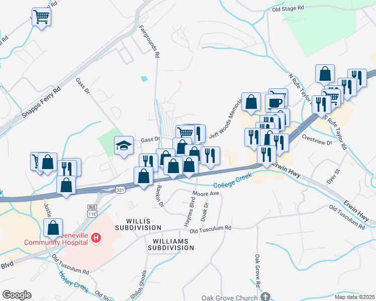 map of restaurants, bars, coffee shops, grocery stores, and more near 2325 East Andrew Johnson Highway in Greeneville
