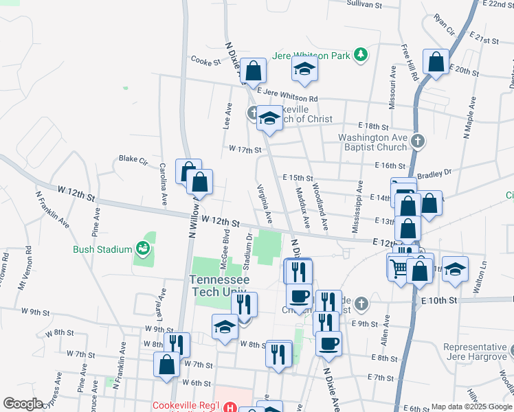 map of restaurants, bars, coffee shops, grocery stores, and more near 1301 Byrne Avenue in Cookeville