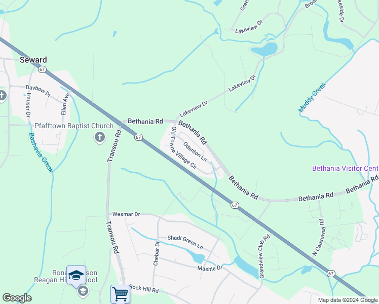 map of restaurants, bars, coffee shops, grocery stores, and more near 5960 Odenton Lane in Pfafftown