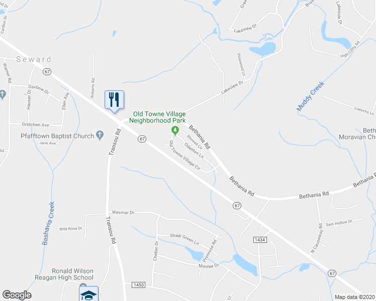 map of restaurants, bars, coffee shops, grocery stores, and more near 5960 Odenton Lane in Pfafftown