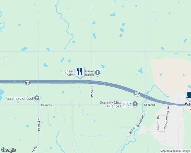 map of restaurants, bars, coffee shops, grocery stores, and more near 570 North Redbud Lane in Colcord