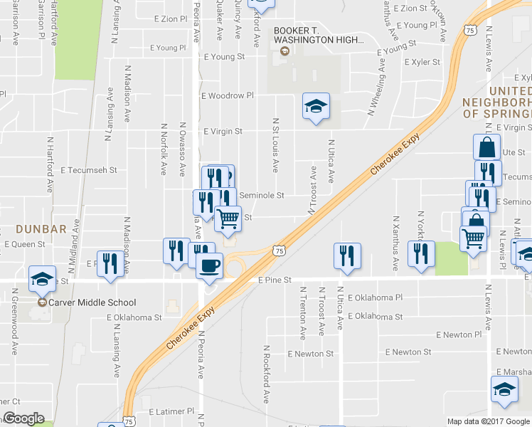 map of restaurants, bars, coffee shops, grocery stores, and more near 1507 East Reading Street in Tulsa