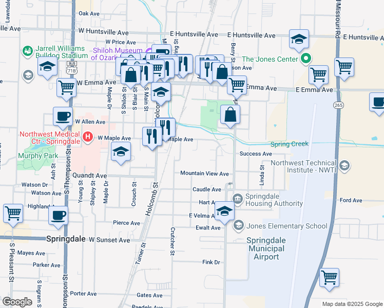 map of restaurants, bars, coffee shops, grocery stores, and more near 305 Robert Circle in Springdale