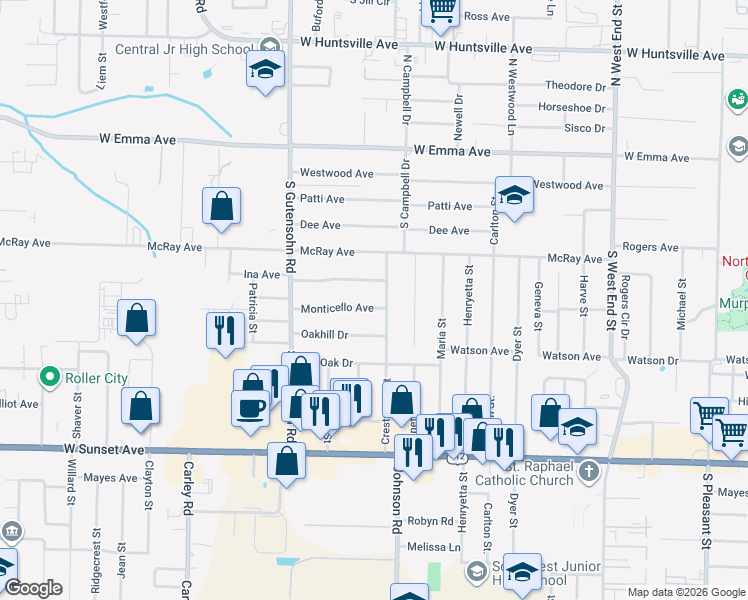 map of restaurants, bars, coffee shops, grocery stores, and more near 2004 Monticello Avenue in Springdale