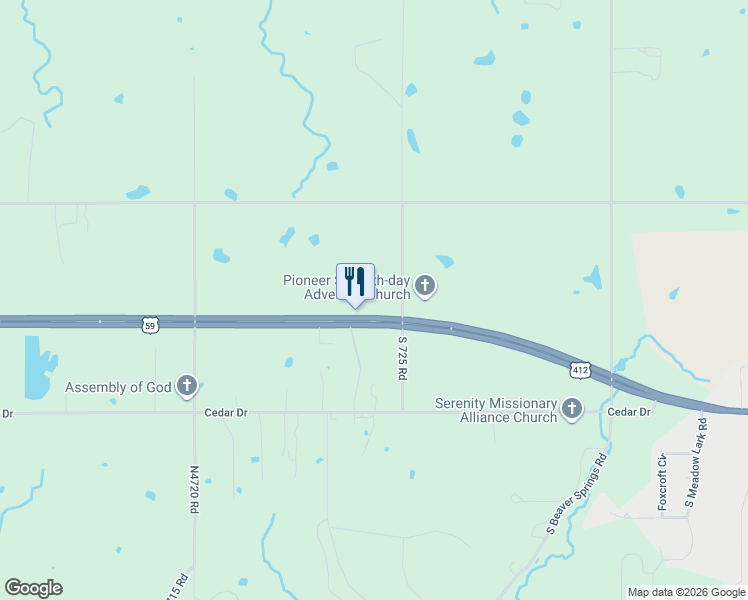 map of restaurants, bars, coffee shops, grocery stores, and more near 570 North Redbud Lane in Colcord