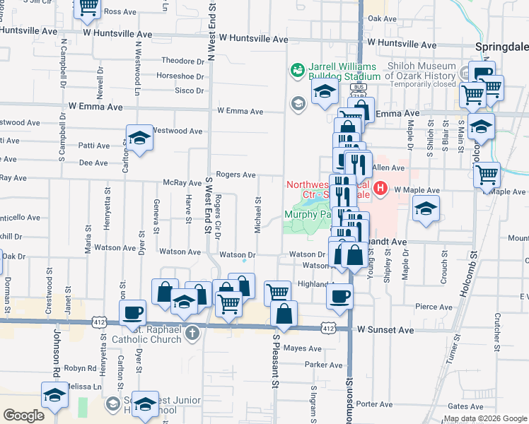 map of restaurants, bars, coffee shops, grocery stores, and more near 311 Michael Street in Springdale