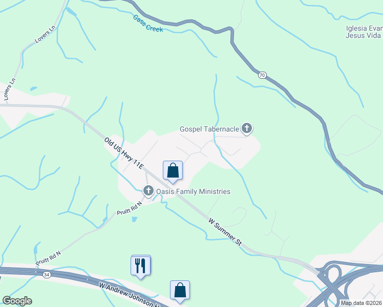 map of restaurants, bars, coffee shops, grocery stores, and more near 183 Rocky Hill Drive in Greeneville