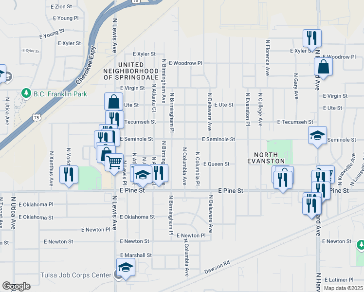map of restaurants, bars, coffee shops, grocery stores, and more near 1722 North Columbia Avenue in Tulsa