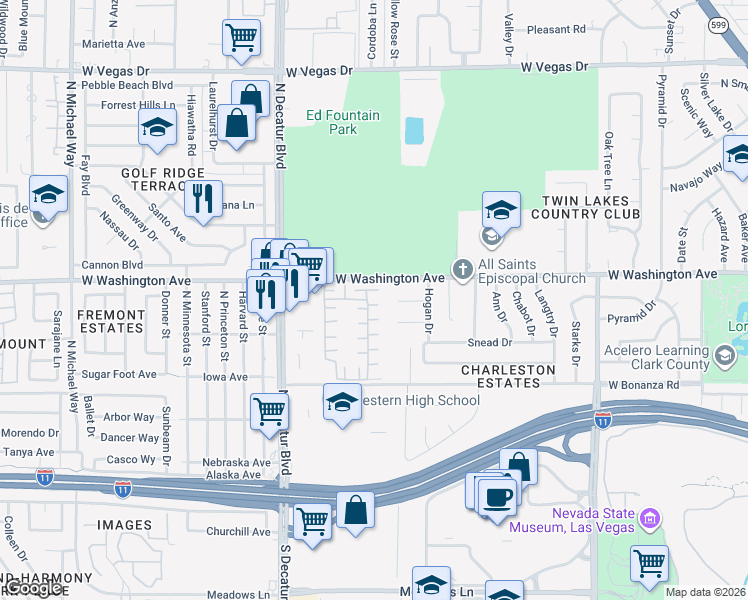 map of restaurants, bars, coffee shops, grocery stores, and more near 4425 Thompson Circle in Las Vegas