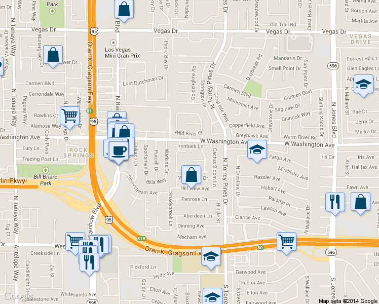map of restaurants, bars, coffee shops, grocery stores, and more near 6444 Candlebrush Lane in Las Vegas