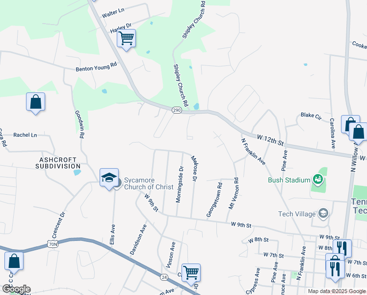 map of restaurants, bars, coffee shops, grocery stores, and more near 1085 Melrose Drive in Cookeville