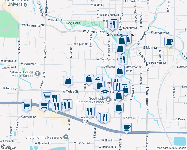 map of restaurants, bars, coffee shops, grocery stores, and more near 600 South Elm Street in Siloam Springs