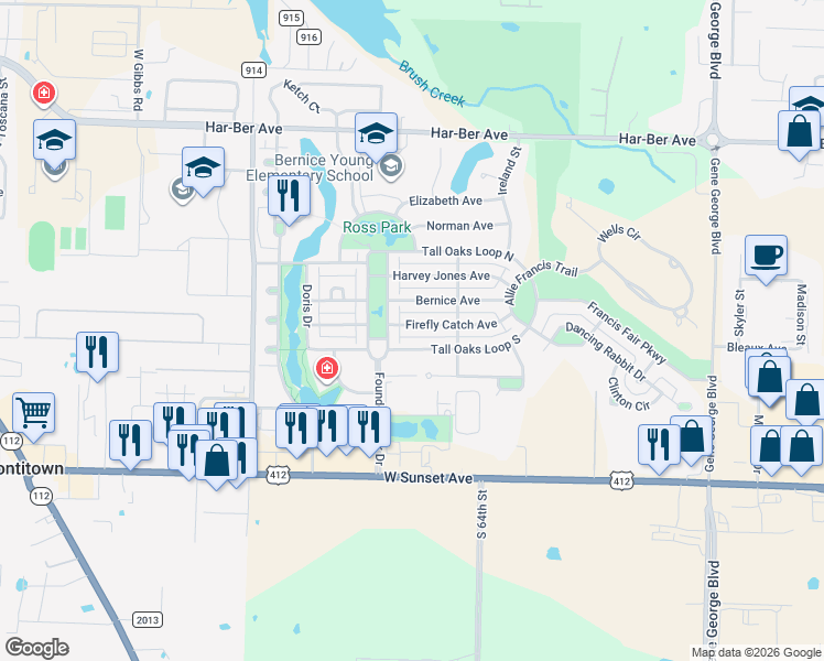 map of restaurants, bars, coffee shops, grocery stores, and more near 6650 Tall Oaks Loop North in Springdale