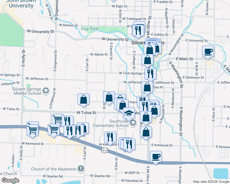 map of restaurants, bars, coffee shops, grocery stores, and more near 600 South Elm Street in Siloam Springs