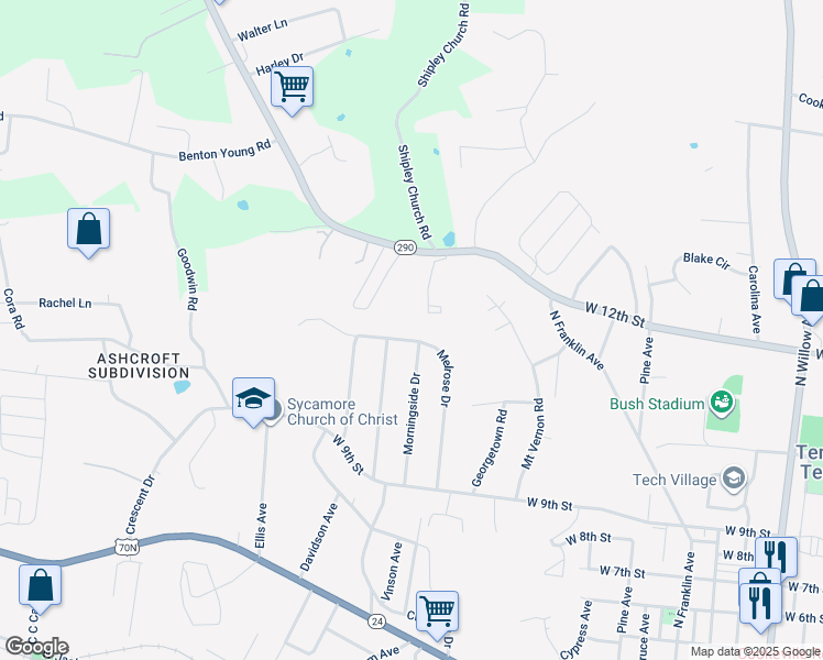 map of restaurants, bars, coffee shops, grocery stores, and more near 1085 Melrose Drive in Cookeville