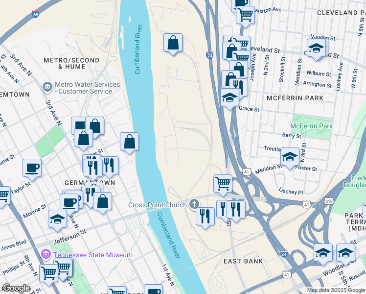 map of restaurants, bars, coffee shops, grocery stores, and more near 1468 Cowan Court in Nashville