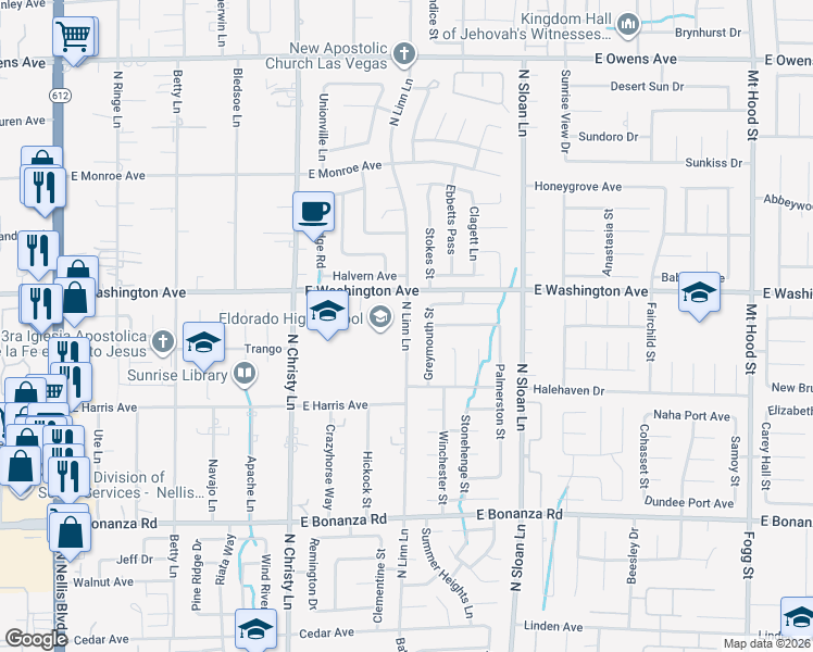 map of restaurants, bars, coffee shops, grocery stores, and more near 1139 North Linn Lane in Las Vegas