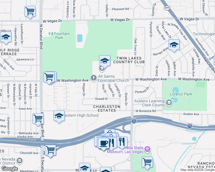 map of restaurants, bars, coffee shops, grocery stores, and more near 804 Chabot Drive in Las Vegas