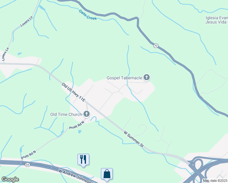 map of restaurants, bars, coffee shops, grocery stores, and more near 183 Rocky Hill Drive in Greeneville