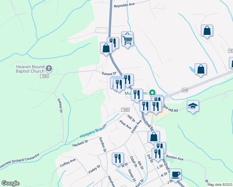 map of restaurants, bars, coffee shops, grocery stores, and more near 21 Sparta Road in North Wilkesboro