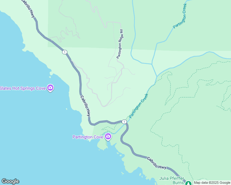 map of restaurants, bars, coffee shops, grocery stores, and more near 51410 Partington Ridge Road in Big Sur
