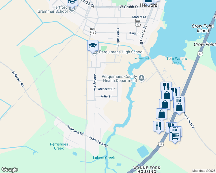 map of restaurants, bars, coffee shops, grocery stores, and more near 205 Crescent Dr in Hertford