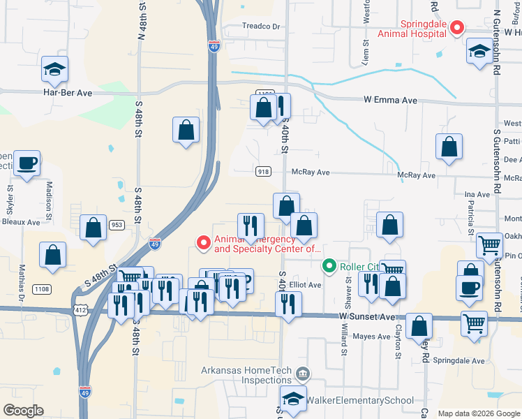 map of restaurants, bars, coffee shops, grocery stores, and more near 4110 Griffin Lane in Springdale