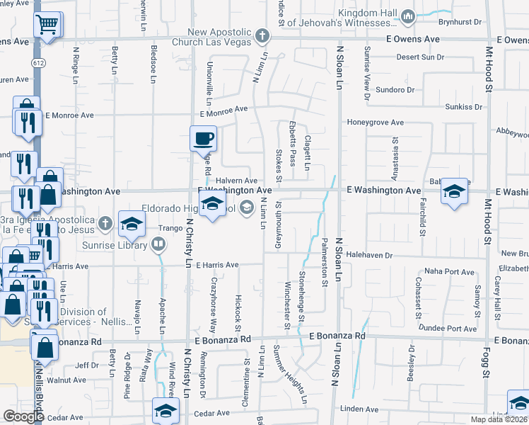 map of restaurants, bars, coffee shops, grocery stores, and more near 1114 North Linn Lane in Las Vegas