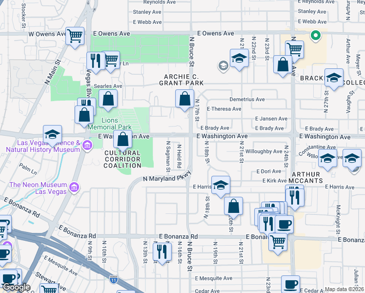 map of restaurants, bars, coffee shops, grocery stores, and more near 845 North Held Road in Las Vegas
