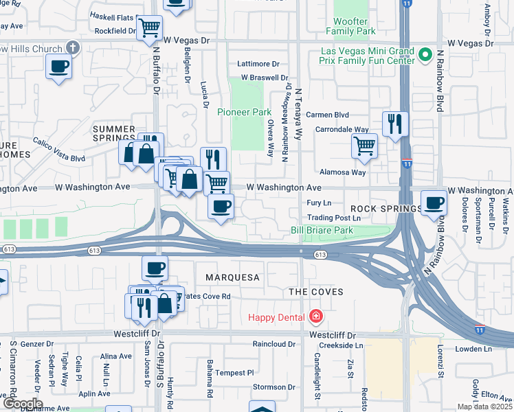 map of restaurants, bars, coffee shops, grocery stores, and more near 7401 West Washington Avenue in Las Vegas