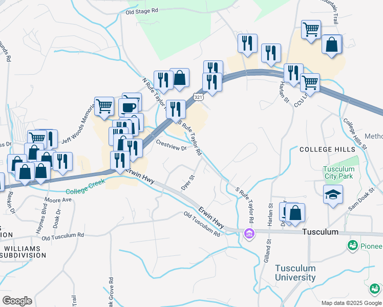 map of restaurants, bars, coffee shops, grocery stores, and more near 113 College View Drive in Greeneville