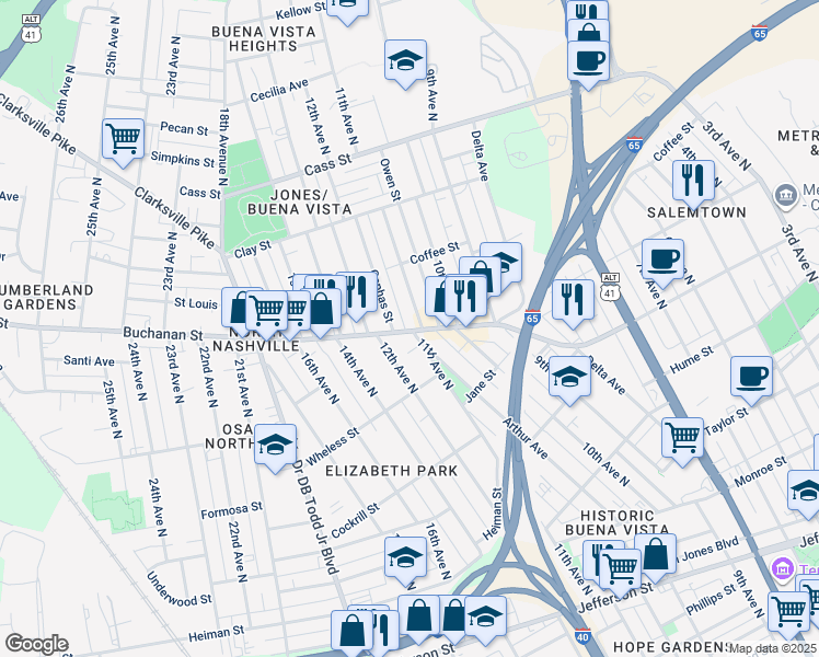 map of restaurants, bars, coffee shops, grocery stores, and more near 1721 11th Avenue North in Nashville