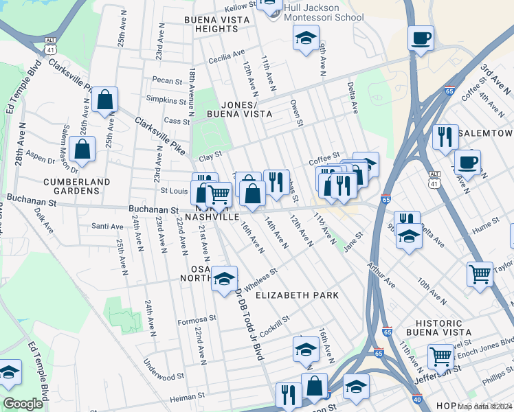 map of restaurants, bars, coffee shops, grocery stores, and more near in Nashville