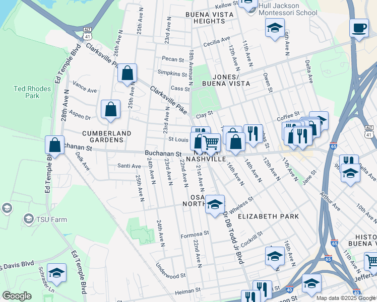 map of restaurants, bars, coffee shops, grocery stores, and more near 2107 Buchanan Street in Nashville