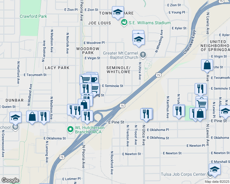 map of restaurants, bars, coffee shops, grocery stores, and more near 1507 East Reading Street in Tulsa