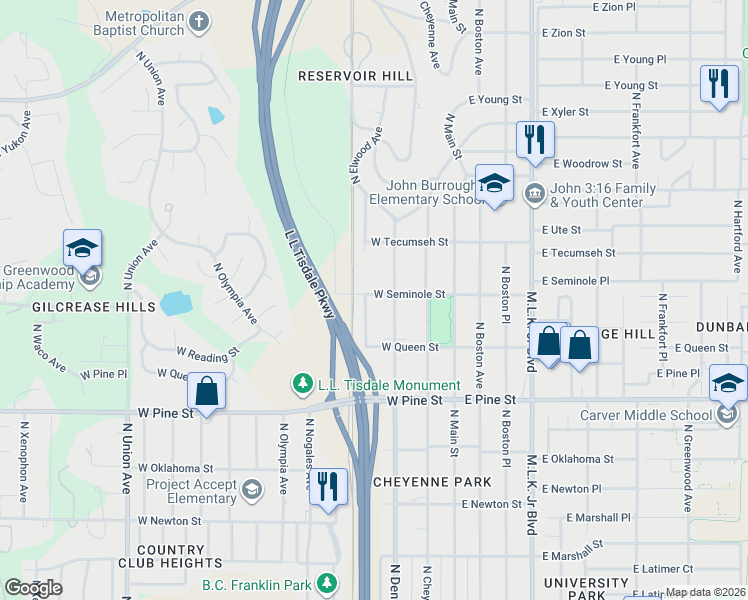 map of restaurants, bars, coffee shops, grocery stores, and more near 1632 North Denver Avenue in Tulsa