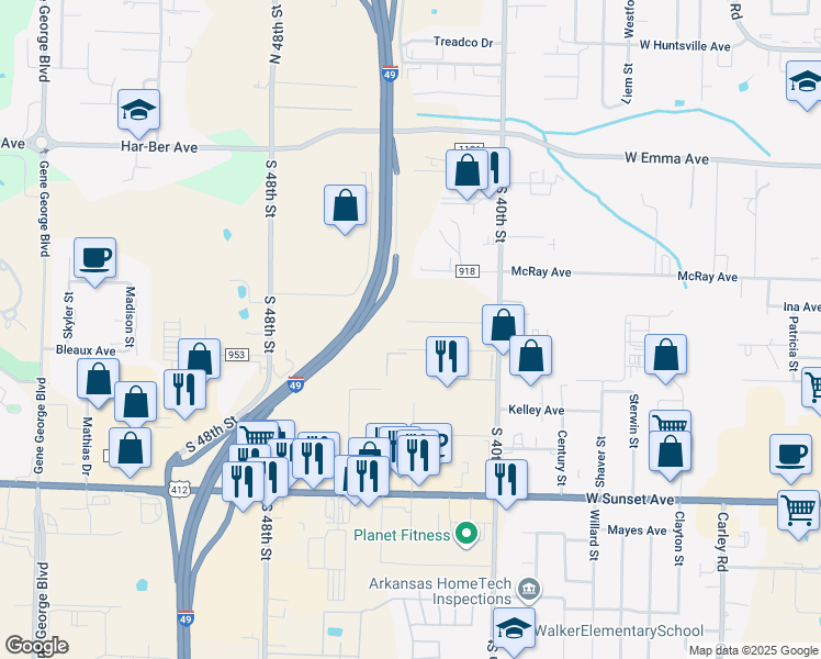 map of restaurants, bars, coffee shops, grocery stores, and more near 4311 Nightingale Lane in Springdale