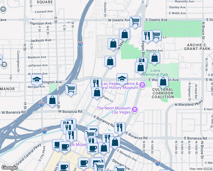 map of restaurants, bars, coffee shops, grocery stores, and more near 99 Sycamore Lane in Las Vegas