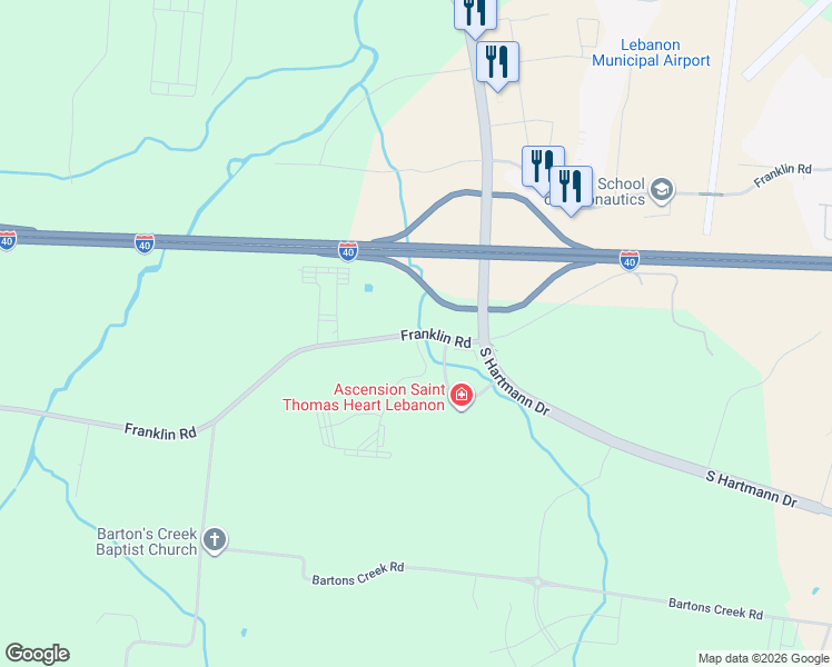 map of restaurants, bars, coffee shops, grocery stores, and more near 1629 Franklin Road in Lebanon