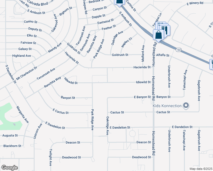 map of restaurants, bars, coffee shops, grocery stores, and more near 2611 Idlewild Street in Pahrump