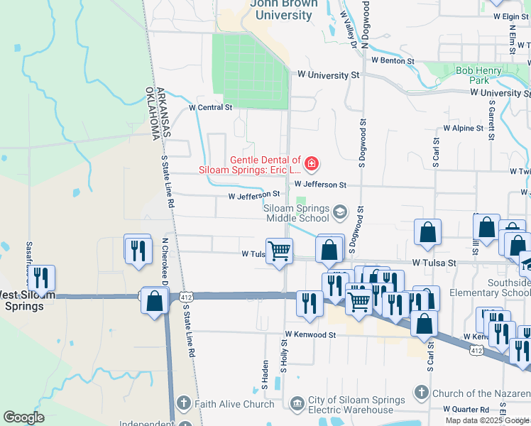 map of restaurants, bars, coffee shops, grocery stores, and more near 1814 West Granite Street in Siloam Springs