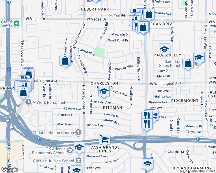map of restaurants, bars, coffee shops, grocery stores, and more near 6299 West Washington Avenue in Las Vegas