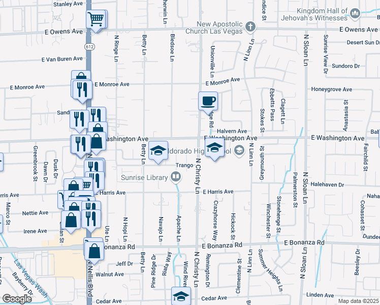 map of restaurants, bars, coffee shops, grocery stores, and more near 1123 North Christy Lane in Las Vegas