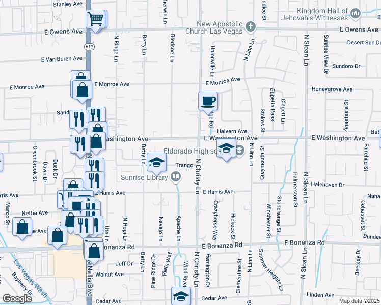 map of restaurants, bars, coffee shops, grocery stores, and more near 1123 North Christy Lane in Las Vegas