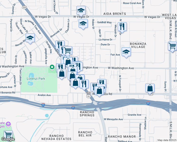 map of restaurants, bars, coffee shops, grocery stores, and more near 2525 West Washington Avenue in Las Vegas