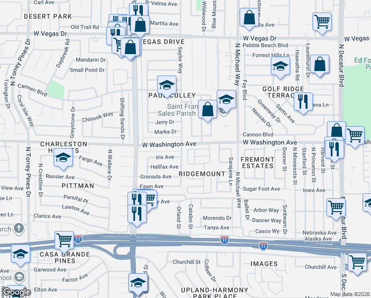 map of restaurants, bars, coffee shops, grocery stores, and more near 801 Westview Drive in Las Vegas