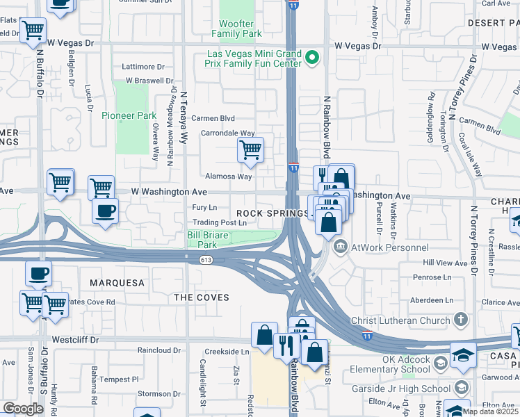 map of restaurants, bars, coffee shops, grocery stores, and more near 701 Rock Springs Drive in Las Vegas