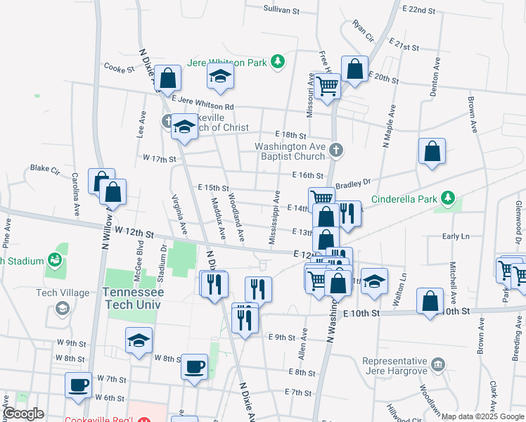 map of restaurants, bars, coffee shops, grocery stores, and more near 256 East 13th Street in Cookeville