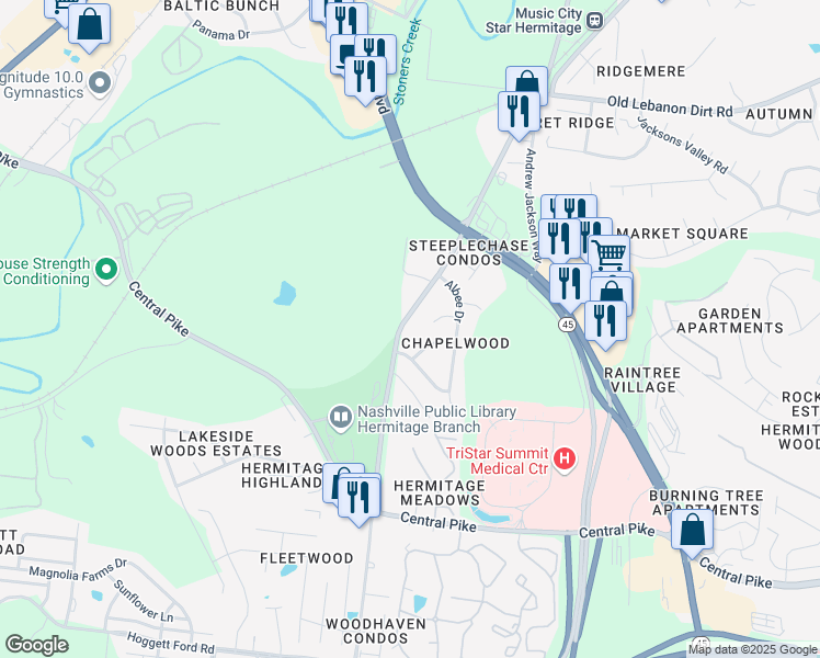 map of restaurants, bars, coffee shops, grocery stores, and more near 4153 Dodson Chapel Road in Nashville