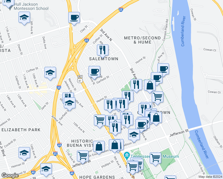 map of restaurants, bars, coffee shops, grocery stores, and more near 602C Hume Street in Nashville